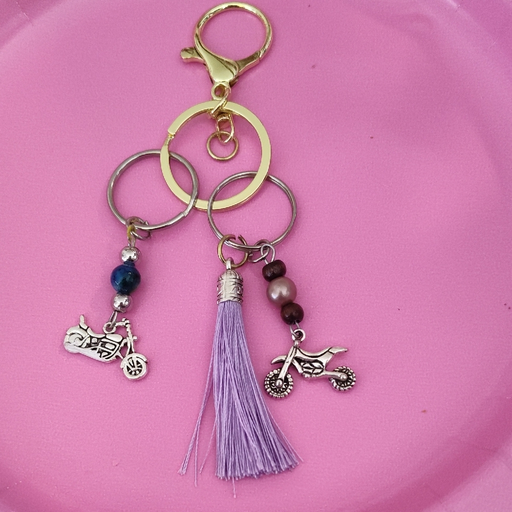 Motorcycles KeyChain/ Beads /Gold-tone N Silver tone Loops/ Lever GUC